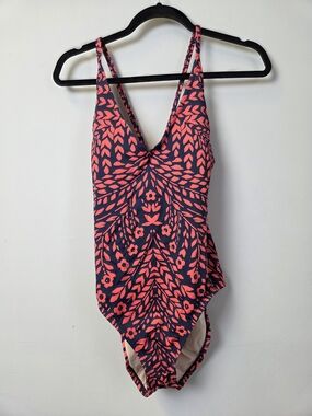 Kona Sol Navy and Coral Floral One-Piece Swimsuit